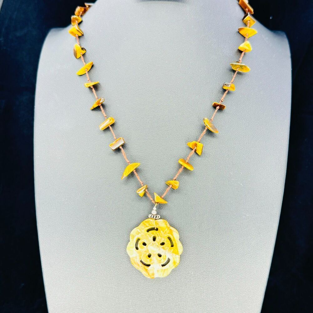 Agate Carved Pendant Tiger's Eye Cluster Knotted Necklace Sterling Lobster Clasp